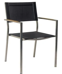 METRO Professional Stuhl, Edelstahl / Textilehne / FSC Teakholz, 55 X 56 X 85 Cm, Mit Armlehnen, Stapelbar, Schwarz