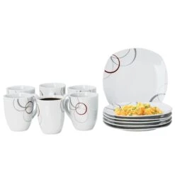 Kombiservice Palazzo 62tlg. - Weißes Porzellan Mit Kreise- Dekor In Grau Und Dunkelrot - Für 6 Personen -Heimtextilienserien Laden 5ca87a44 88d0 44ac 9770 22ca2bd8cf09